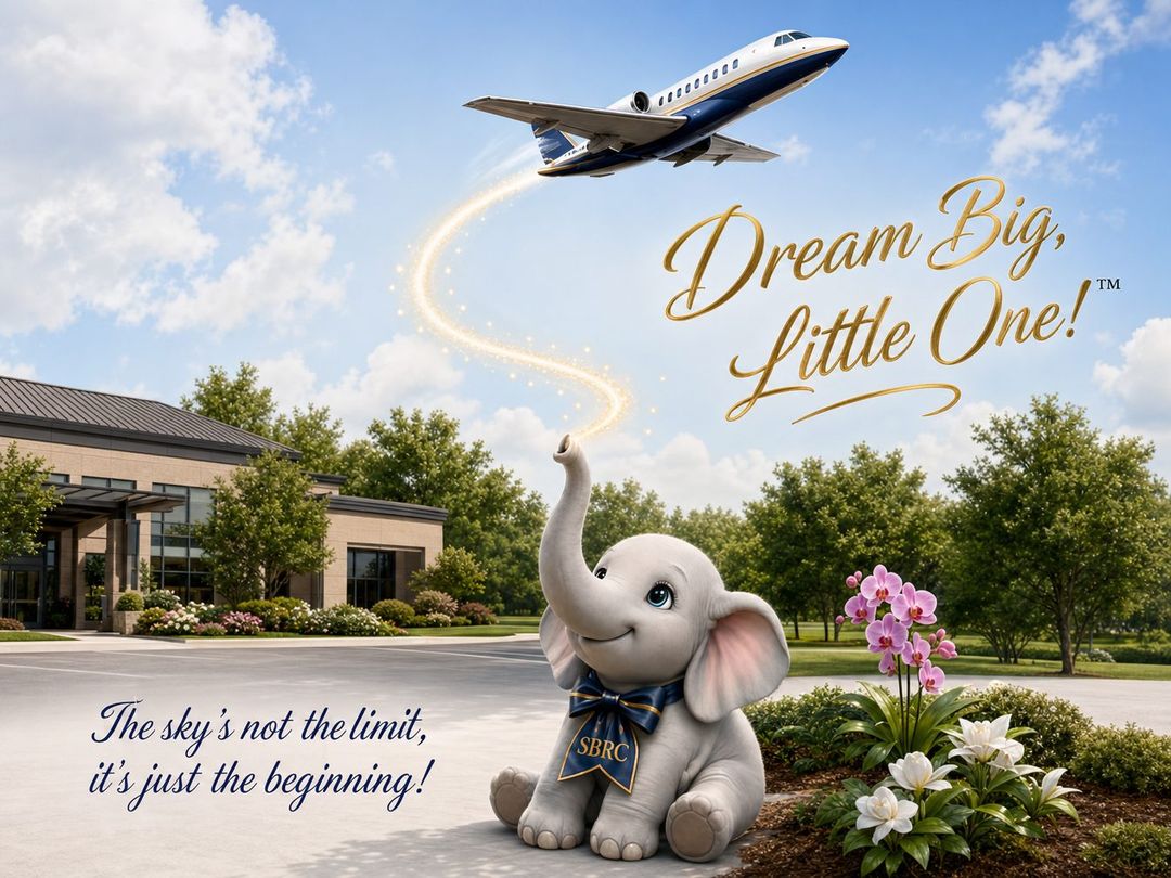 Dream Big, Little One! — a young elephant with an SBRC ribbon watches a jet climb into the sky. The sky's not the limit, it's just the beginning.